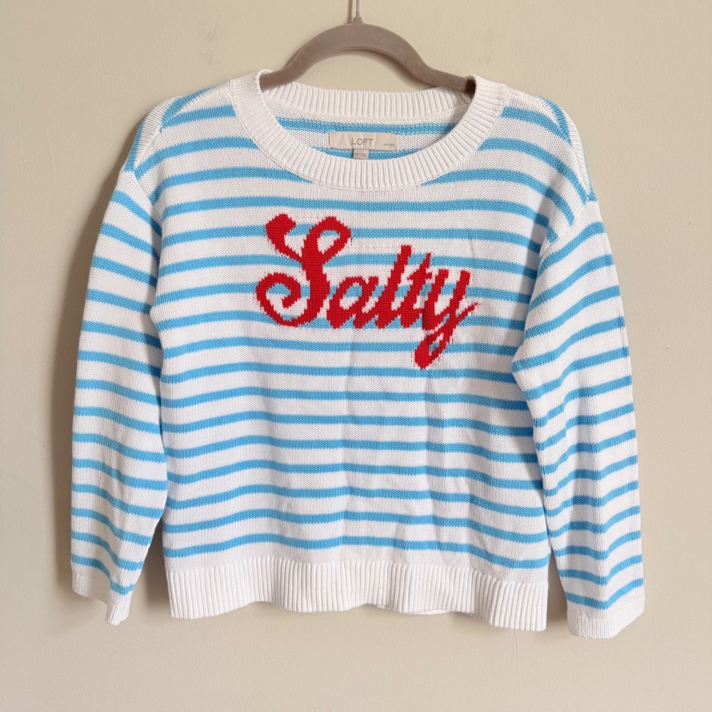 LOFT Salty Striped Knit Sweater Womens XSP Petite Blue White Crewneck NWT